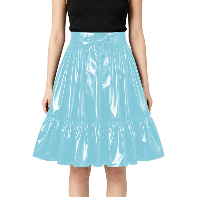 Plus Size Glossy Bow Flared Midi Skirt High Waist Ruffle A Line PVC Leather Swing Skirt Club Lolita Cosplay Party Skirts Bottoms