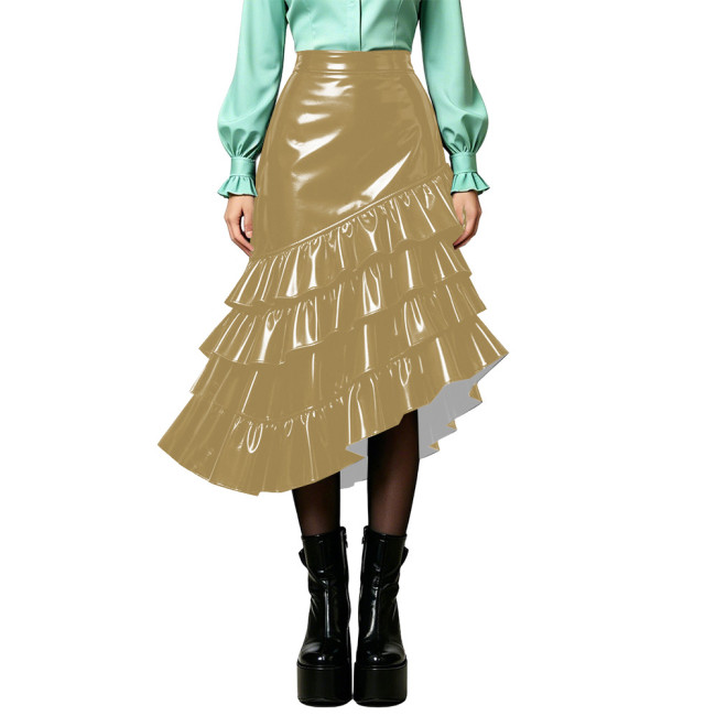 Plus Size Wet PVC Leather Tiered Ruffle Midi Skirt Women High Waist Asymmetrical Irregular Hem Flared Skirt Fashion Bottom 8XL