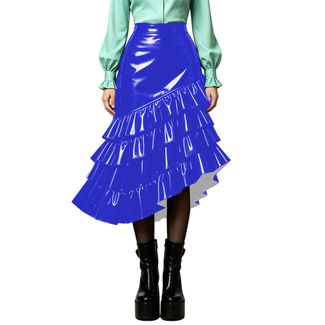Plus Size Wet PVC Leather Tiered Ruffle Midi Skirt Women High Waist Asymmetrical Irregular Hem Flared Skirt Fashion Bottom 8XL