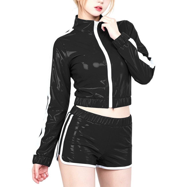 Plus Size Glossy PVC Women's Set Long Sleeve Jacket Strip Shorts Suit Vinyl Tracksuit Club Sport Cosplay Party Two Piece Outfit