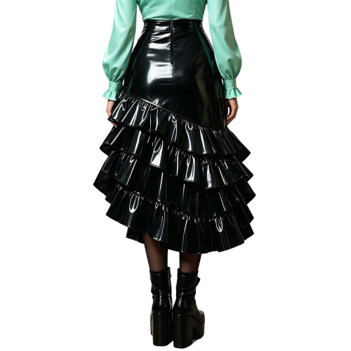 Plus Size Wet PVC Leather Tiered Ruffle Midi Skirt Women High Waist Asymmetrical Irregular Hem Flared Skirt Fashion Bottom 8XL