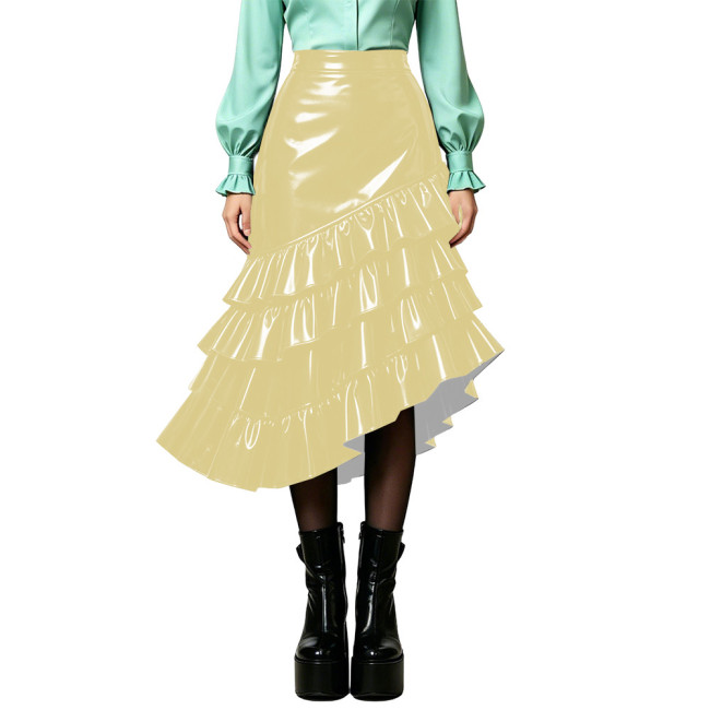 Plus Size Wet PVC Leather Tiered Ruffle Midi Skirt Women High Waist Asymmetrical Irregular Hem Flared Skirt Fashion Bottom 8XL