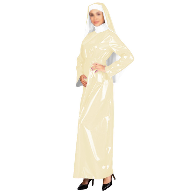 New Glossy PVC Adult Nun Dress Outfits High Neck Long Belted Dress with Wimple Wetlook Halloween Cosplay Masquerade Costumes
