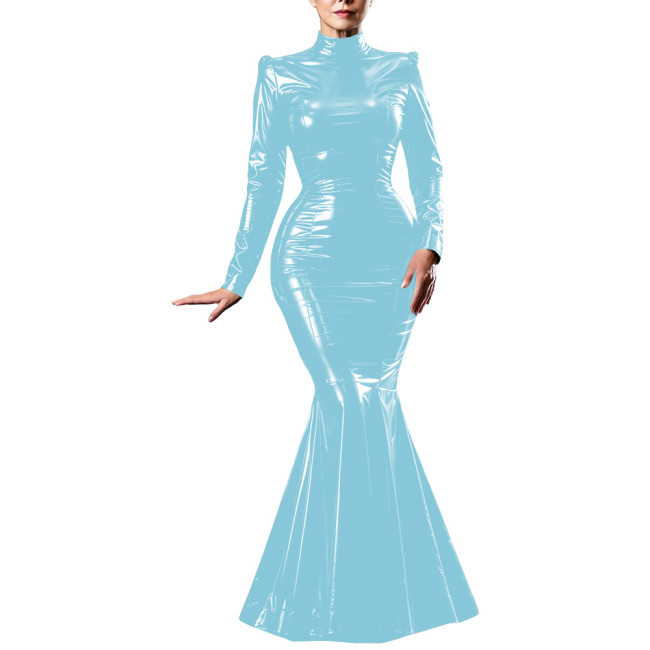 Plus Size Womens Shiny PVC Mermaid Maxi Dress High Neck Long Sleeve Glossy Floor Leather Dress Party Bodycon Trumpet Gown Outfit