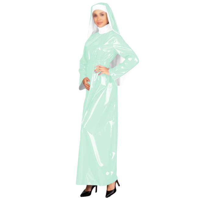 New Glossy PVC Adult Nun Dress Outfits High Neck Long Belted Dress with Wimple Wetlook Halloween Cosplay Masquerade Costumes