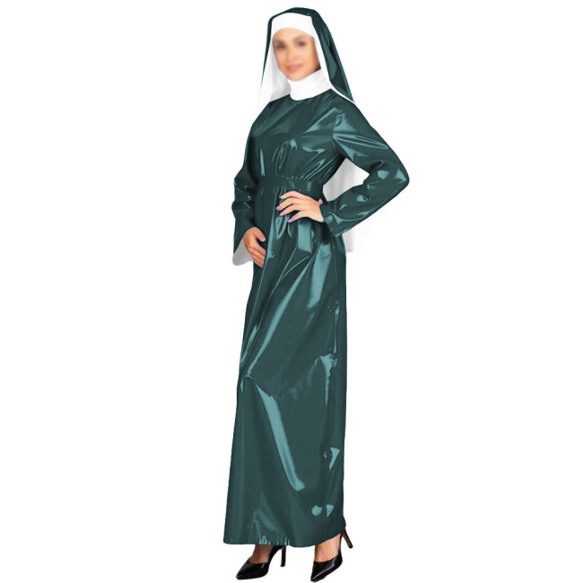 New Glossy PVC Adult Nun Dress Outfits High Neck Long Belted Dress with Wimple Wetlook Halloween Cosplay Masquerade Costumes