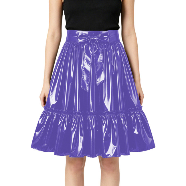 Plus Size Glossy Bow Flared Midi Skirt High Waist Ruffle A Line PVC Leather Swing Skirt Club Lolita Cosplay Party Skirts Bottoms