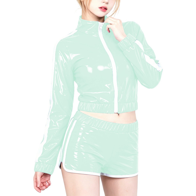Plus Size Glossy PVC Women's Set Long Sleeve Jacket Strip Shorts Suit Vinyl Tracksuit Club Sport Cosplay Party Two Piece Outfit