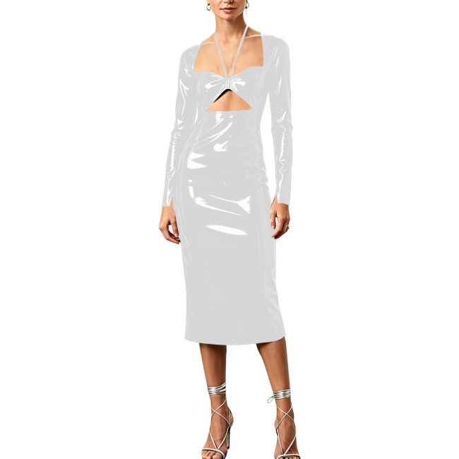Plus Size PVC Vinyl Leather Midi Pencil Dress Long Sleeve Halter Cutout Front Glossy Dress Women Night Club Cocktail Vestidos