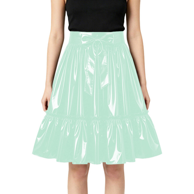 Plus Size Glossy Bow Flared Midi Skirt High Waist Ruffle A Line PVC Leather Swing Skirt Club Lolita Cosplay Party Skirts Bottoms