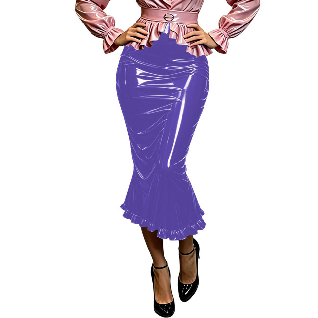 Plus Size Glossy Wet Look PVC Mermaid Skirt Women High Waist Slim Midi Fishtail Skirt Club Evening Party Flared Skirt Bottoms