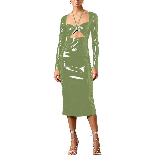 Plus Size PVC Vinyl Leather Midi Pencil Dress Long Sleeve Halter Cutout Front Glossy Dress Women Night Club Cocktail Vestidos