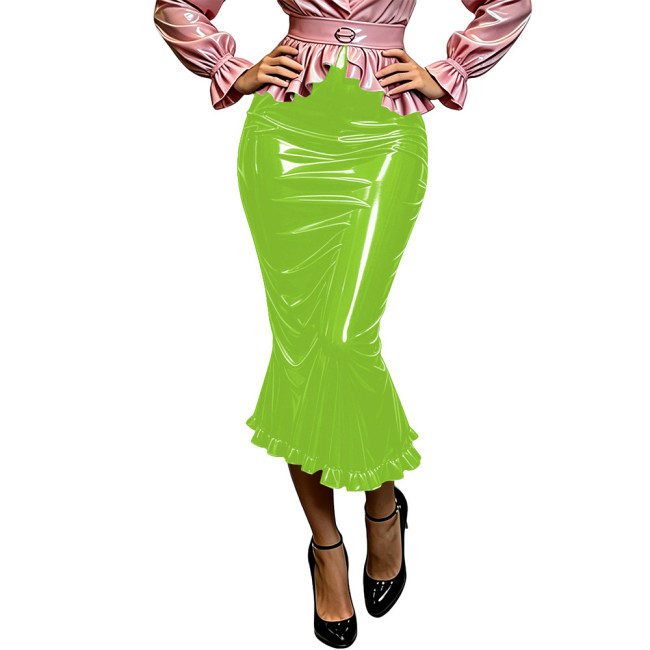 Plus Size Glossy Wet Look PVC Mermaid Skirt Women High Waist Slim Midi Fishtail Skirt Club Evening Party Flared Skirt Bottoms