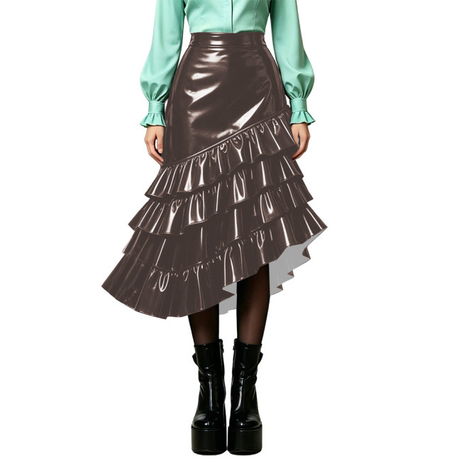 Plus Size Wet PVC Leather Tiered Ruffle Midi Skirt Women High Waist Asymmetrical Irregular Hem Flared Skirt Fashion Bottom 8XL
