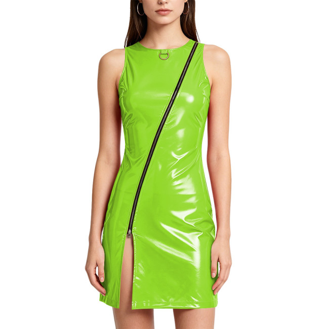 Plus Size PVC Vinyl Leather Mini Dress for Women Front Slant Zipper Slit Hem Tight Dress Wetlook Sexy Tank Dress Punk Party Wear