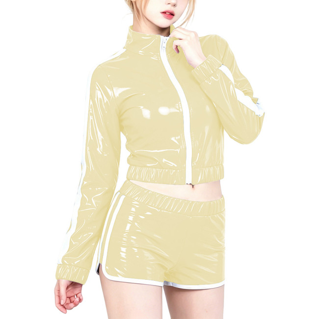 Plus Size Glossy PVC Women's Set Long Sleeve Jacket Strip Shorts Suit Vinyl Tracksuit Club Sport Cosplay Party Two Piece Outfit