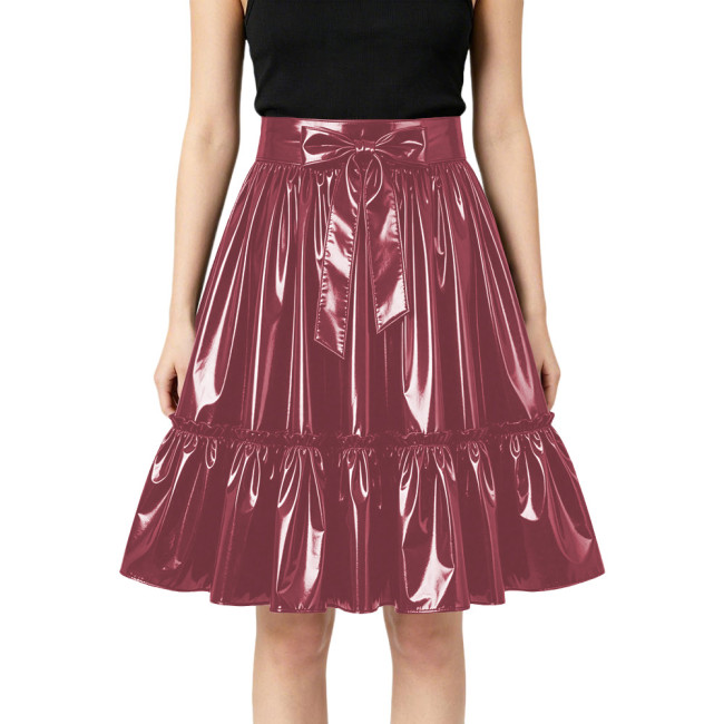 Plus Size Glossy Bow Flared Midi Skirt High Waist Ruffle A Line PVC Leather Swing Skirt Club Lolita Cosplay Party Skirts Bottoms