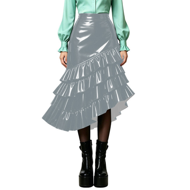 Plus Size Wet PVC Leather Tiered Ruffle Midi Skirt Women High Waist Asymmetrical Irregular Hem Flared Skirt Fashion Bottom 8XL