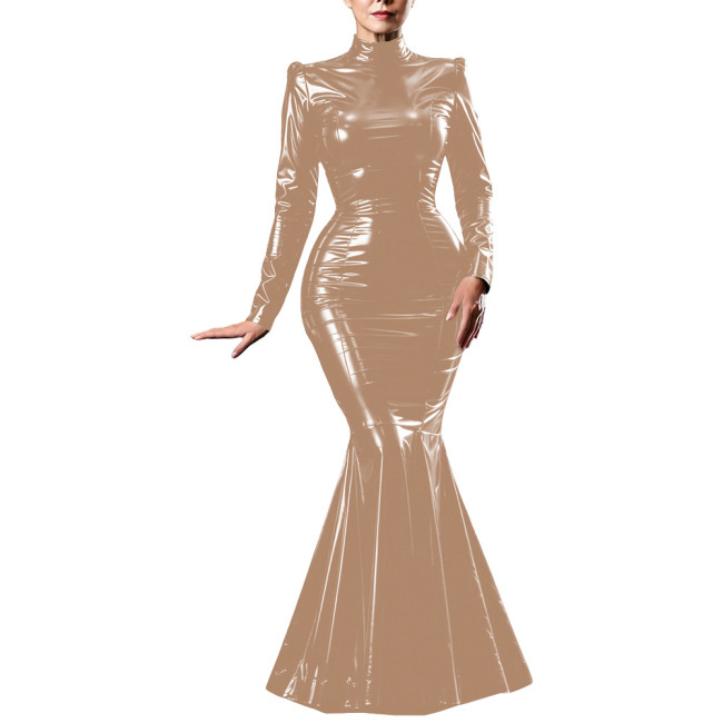 Plus Size Womens Shiny PVC Mermaid Maxi Dress High Neck Long Sleeve Glossy Floor Leather Dress Party Bodycon Trumpet Gown Outfit