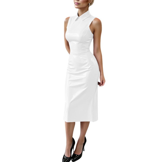 Plus Size Glossy PVC Leather Midi Dress Sleeveless Lapel Collar Wetlook Bodycon Slim Dress Night Club Party Fashion Dress Outfit
