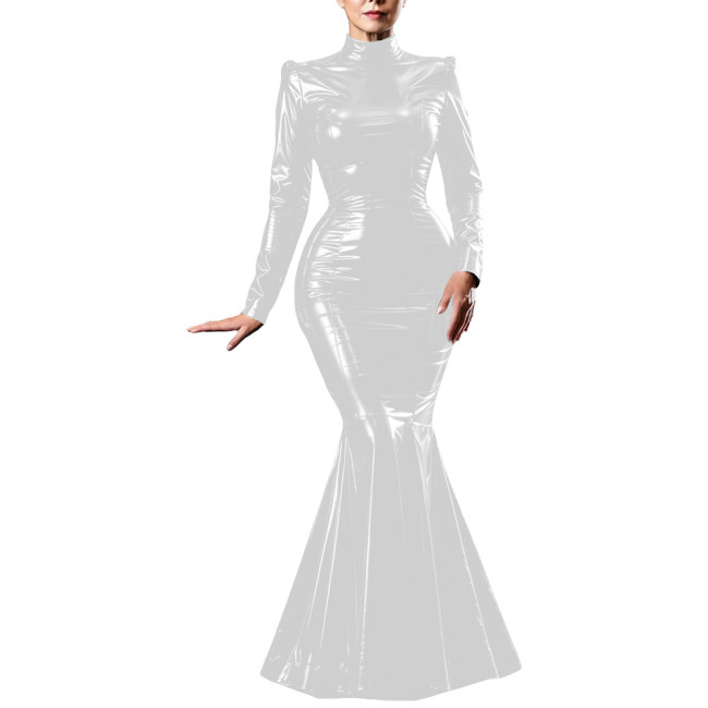 Plus Size Womens Shiny PVC Mermaid Maxi Dress High Neck Long Sleeve Glossy Floor Leather Dress Party Bodycon Trumpet Gown Outfit