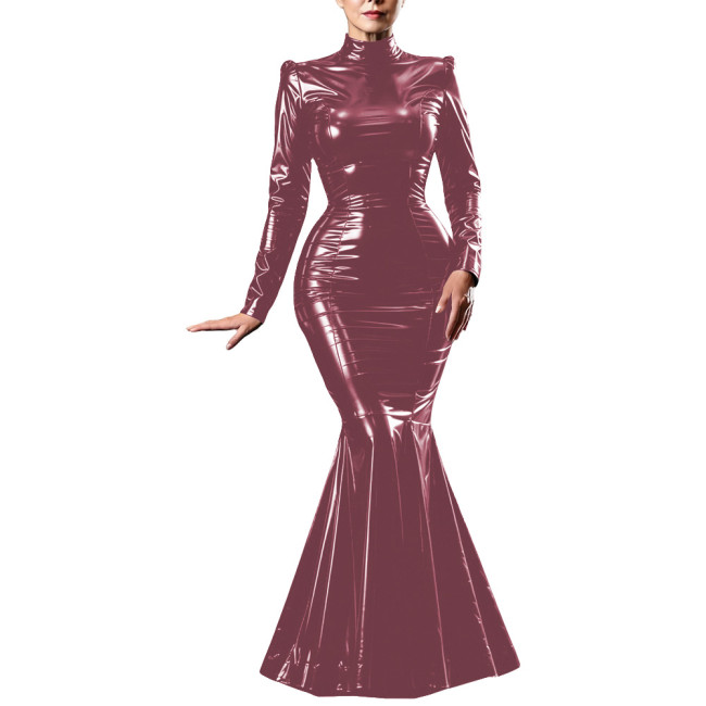 Plus Size Womens Shiny PVC Mermaid Maxi Dress High Neck Long Sleeve Glossy Floor Leather Dress Party Bodycon Trumpet Gown Outfit