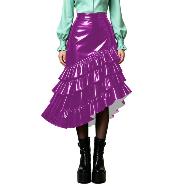 Plus Size Wet PVC Leather Tiered Ruffle Midi Skirt Women High Waist Asymmetrical Irregular Hem Flared Skirt Fashion Bottom 8XL