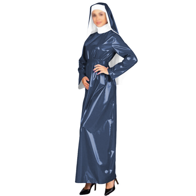 New Glossy PVC Adult Nun Dress Outfits High Neck Long Belted Dress with Wimple Wetlook Halloween Cosplay Masquerade Costumes