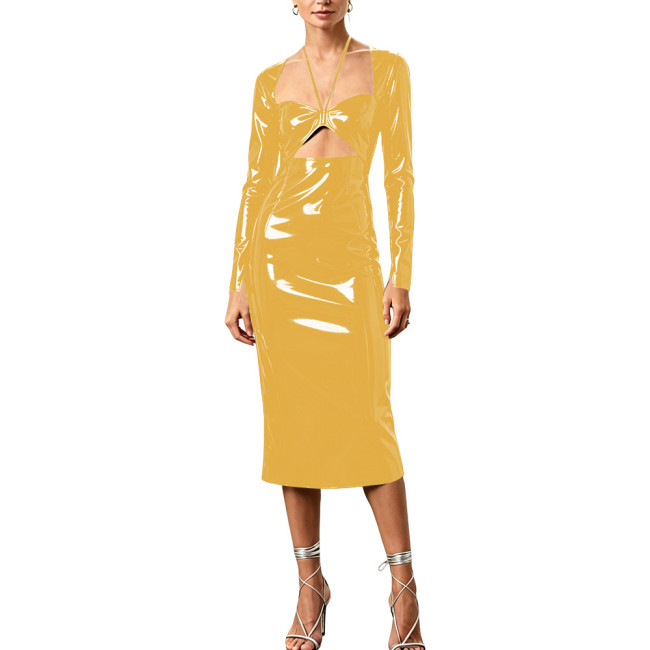Plus Size PVC Vinyl Leather Midi Pencil Dress Long Sleeve Halter Cutout Front Glossy Dress Women Night Club Cocktail Vestidos