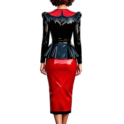 Glossy PVC Mermaid Gothic Dress Sets Long Sleeves Peplum Top with Midi Pencil Skirts Elegant Two-Piece Suit Evening Party Gowns