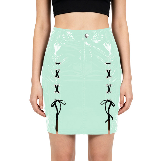 Plus Size Gothic Glossy Pencil Skirts for Women Wet PVC Leather High Waist Slim Mini Skirt with Eyelet Lace-Up Shiny Clubwear
