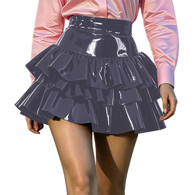 Women PVC Shiny Leather Tiered Mini Skirt High Waist Ruffled Layered Pleated Skirt Wetlook A-line Short Skirts Club Street Wear