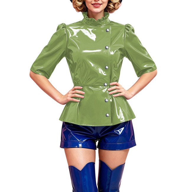 Women Fashion Glossy Peplum Top Ruffle Stand Collar Half Sleeve Button Blouse PVC Vinyl Leather Slim Shirt Nightclub Party Wear
