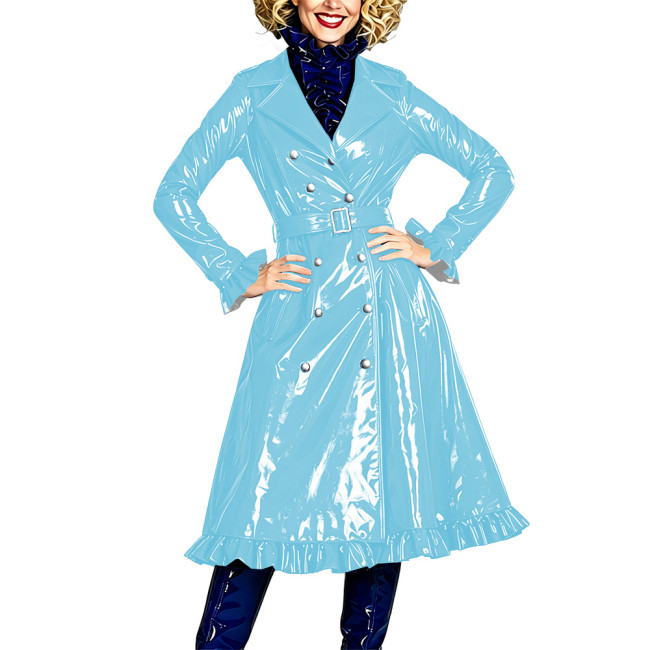 Shiny Double Breasted Elegant Lapel Collar  Long Trench Coat  Fashion Vinyl PVC Leather Flared Long Sleeve Midi Jacket Dresses