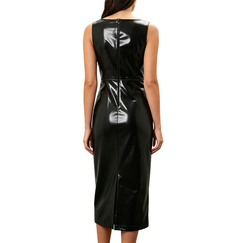 Women Glossy Stretch PVC Leather Midi Dresses Sleeveless Sexy Zipper Back Slim Pencil Dress Chic Party Nightclub Tank Dress