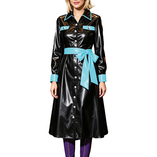 Fashion Glossy PVC Contrast Color Trench Coat Latex Look Long Sleeve Midi Shirt Dress Women Single Breasted Belted Long Jacket
