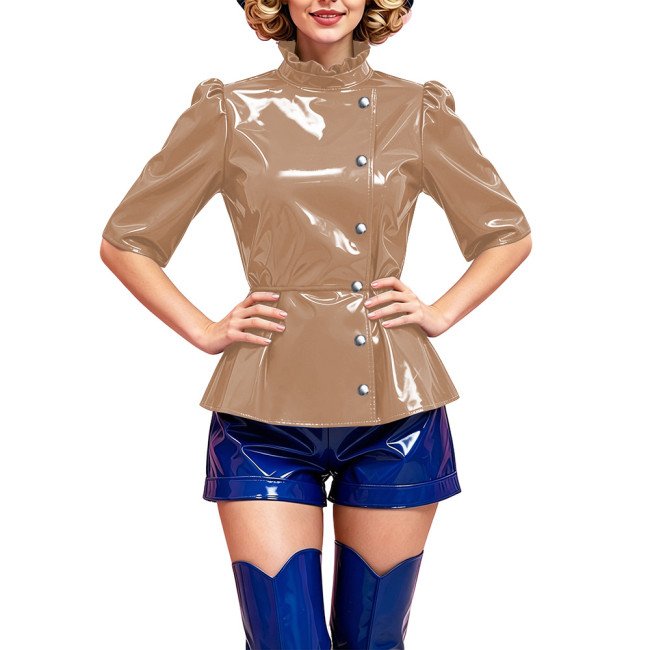 Women Fashion Glossy Peplum Top Ruffle Stand Collar Half Sleeve Button Blouse PVC Vinyl Leather Slim Shirt Nightclub Party Wear