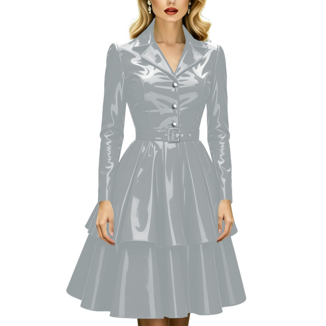 Office Ladies Glossy Belted Dresses Women Long Sleeve Button Down Lapel Collar A Line Dresses Elegant PVC Shiny Ruffle Hem Dress
