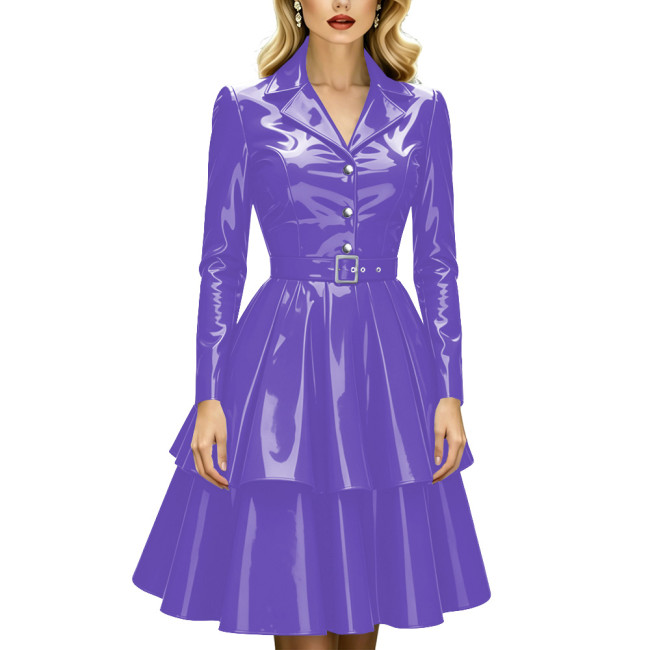 Office Ladies Glossy Belted Dresses Women Long Sleeve Button Down Lapel Collar A Line Dresses Elegant PVC Shiny Ruffle Hem Dress