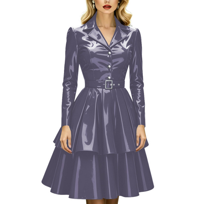 Office Ladies Glossy Belted Dresses Women Long Sleeve Button Down Lapel Collar A Line Dresses Elegant PVC Shiny Ruffle Hem Dress