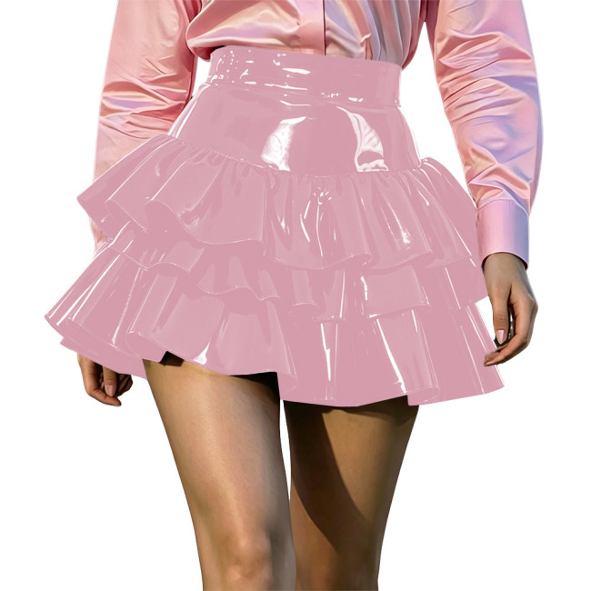 Women PVC Shiny Leather Tiered Mini Skirt High Waist Ruffled Layered Pleated Skirt Wetlook A-line Short Skirts Club Street Wear