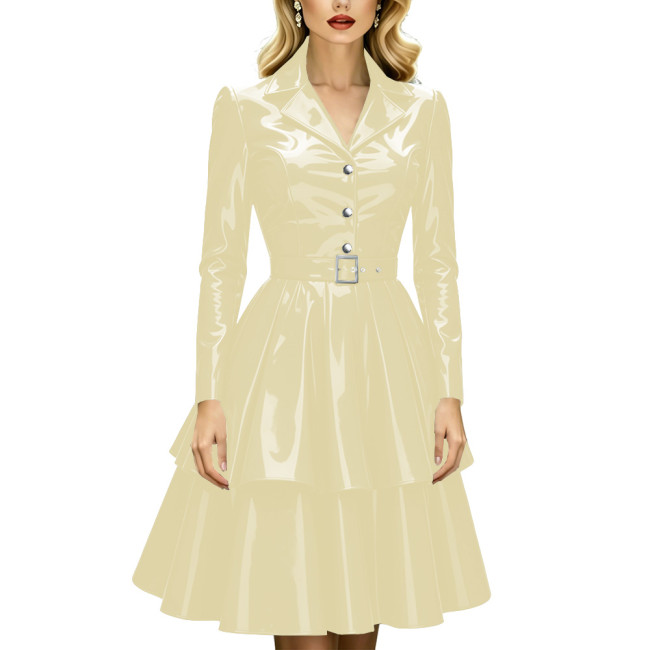 Office Ladies Glossy Belted Dresses Women Long Sleeve Button Down Lapel Collar A Line Dresses Elegant PVC Shiny Ruffle Hem Dress