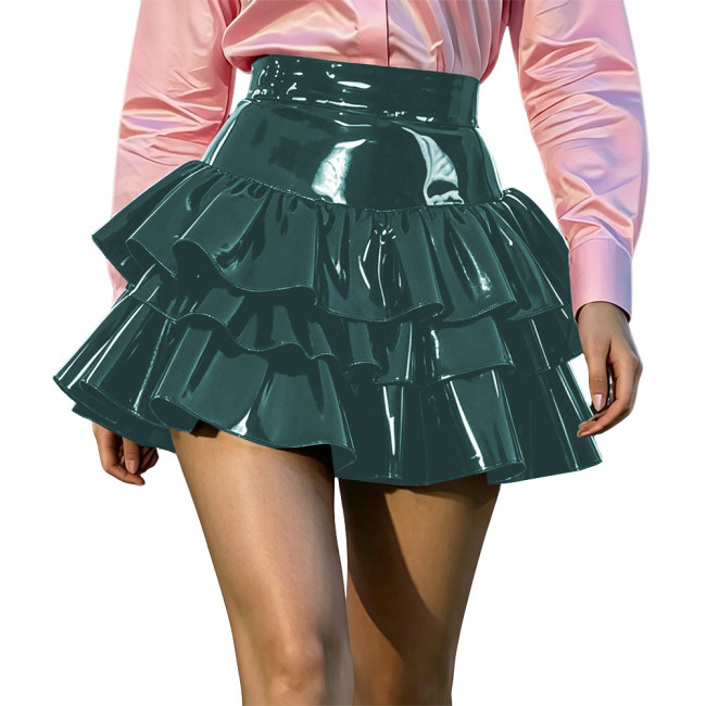 Women PVC Shiny Leather Tiered Mini Skirt High Waist Ruffled Layered Pleated Skirt Wetlook A-line Short Skirts Club Street Wear