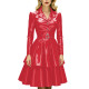 Office Ladies Glossy Belted Dresses Women Long Sleeve Button Down Lapel Collar A Line Dresses Elegant PVC Shiny Ruffle Hem Dress
