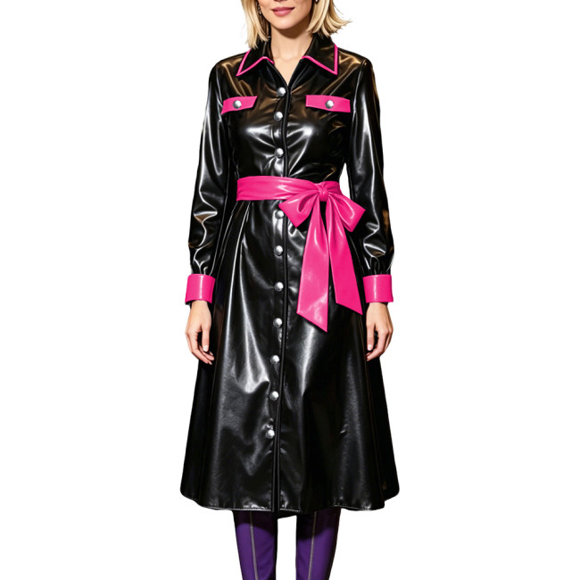 Fashion Glossy PVC Contrast Color Trench Coat Latex Look Long Sleeve Midi Shirt Dress Women Single Breasted Belted Long Jacket