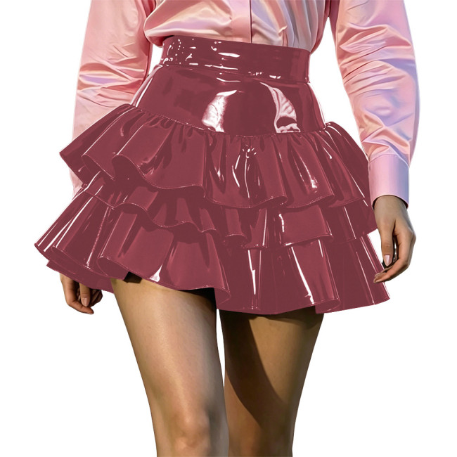Women PVC Shiny Leather Tiered Mini Skirt High Waist Ruffled Layered Pleated Skirt Wetlook A-line Short Skirts Club Street Wear