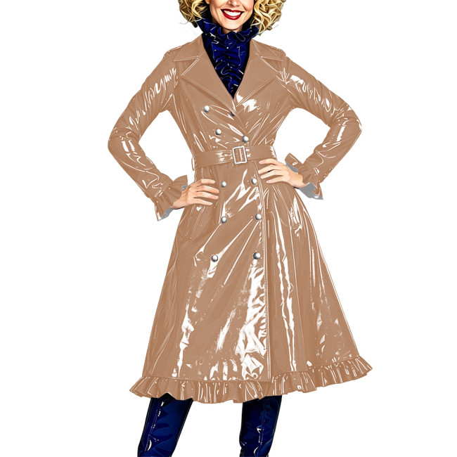Shiny Double Breasted Elegant Lapel Collar  Long Trench Coat  Fashion Vinyl PVC Leather Flared Long Sleeve Midi Jacket Dresses