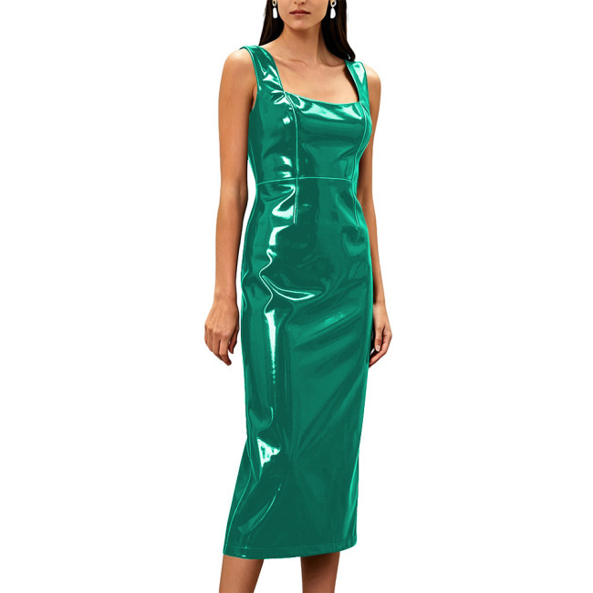 Women Glossy Stretch PVC Leather Midi Dresses Sleeveless Sexy Zipper Back Slim Pencil Dress Chic Party Nightclub Tank Dress