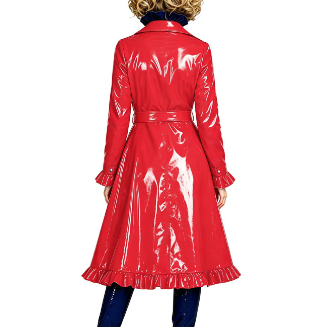 Shiny Double Breasted Elegant Lapel Collar  Long Trench Coat  Fashion Vinyl PVC Leather Flared Long Sleeve Midi Jacket Dresses