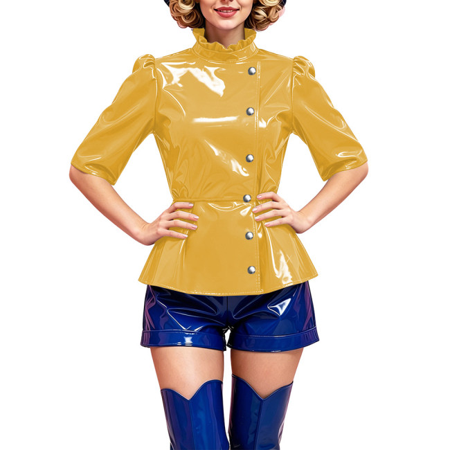 Women Fashion Glossy Peplum Top Ruffle Stand Collar Half Sleeve Button Blouse PVC Vinyl Leather Slim Shirt Nightclub Party Wear